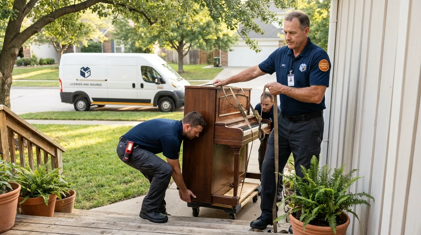 Licensed piano movers securing grand piano in Williamson, NY