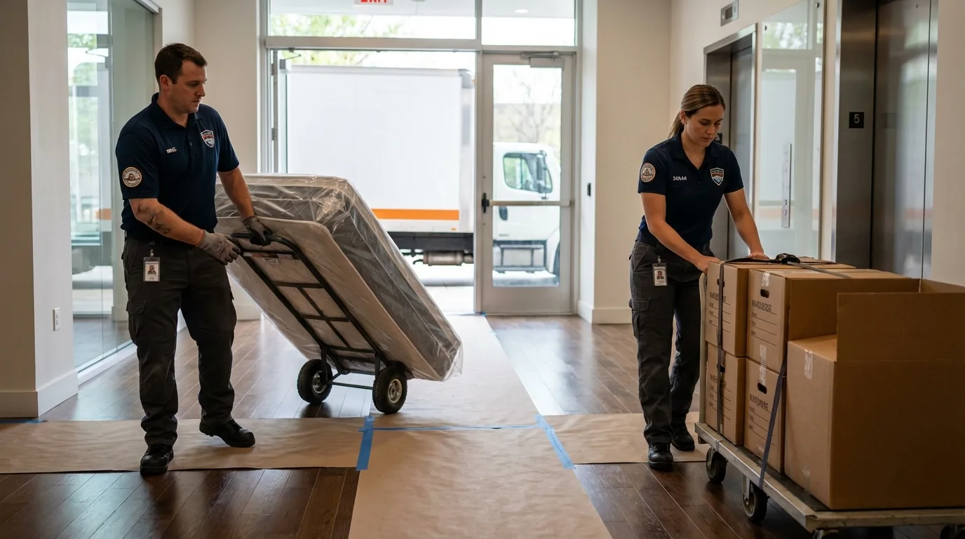 Professional apartment movers loading elevator in Williamson, NY