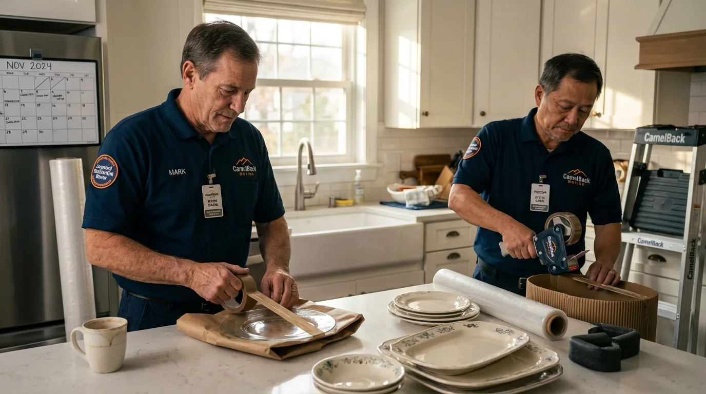 Professional crew packing kitchen dishware in Williamson, NY